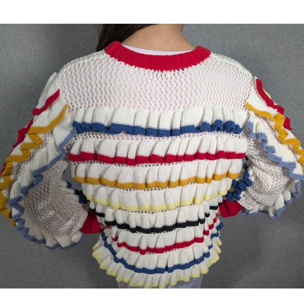ANDREEVA Crochet Sweater Multi Color Ruffle Open Knit Zip Up Cardigan Medium - Picture 5 of 9